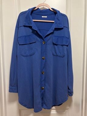 Blue Button-Front Women's Shirt Jacket Hoodie